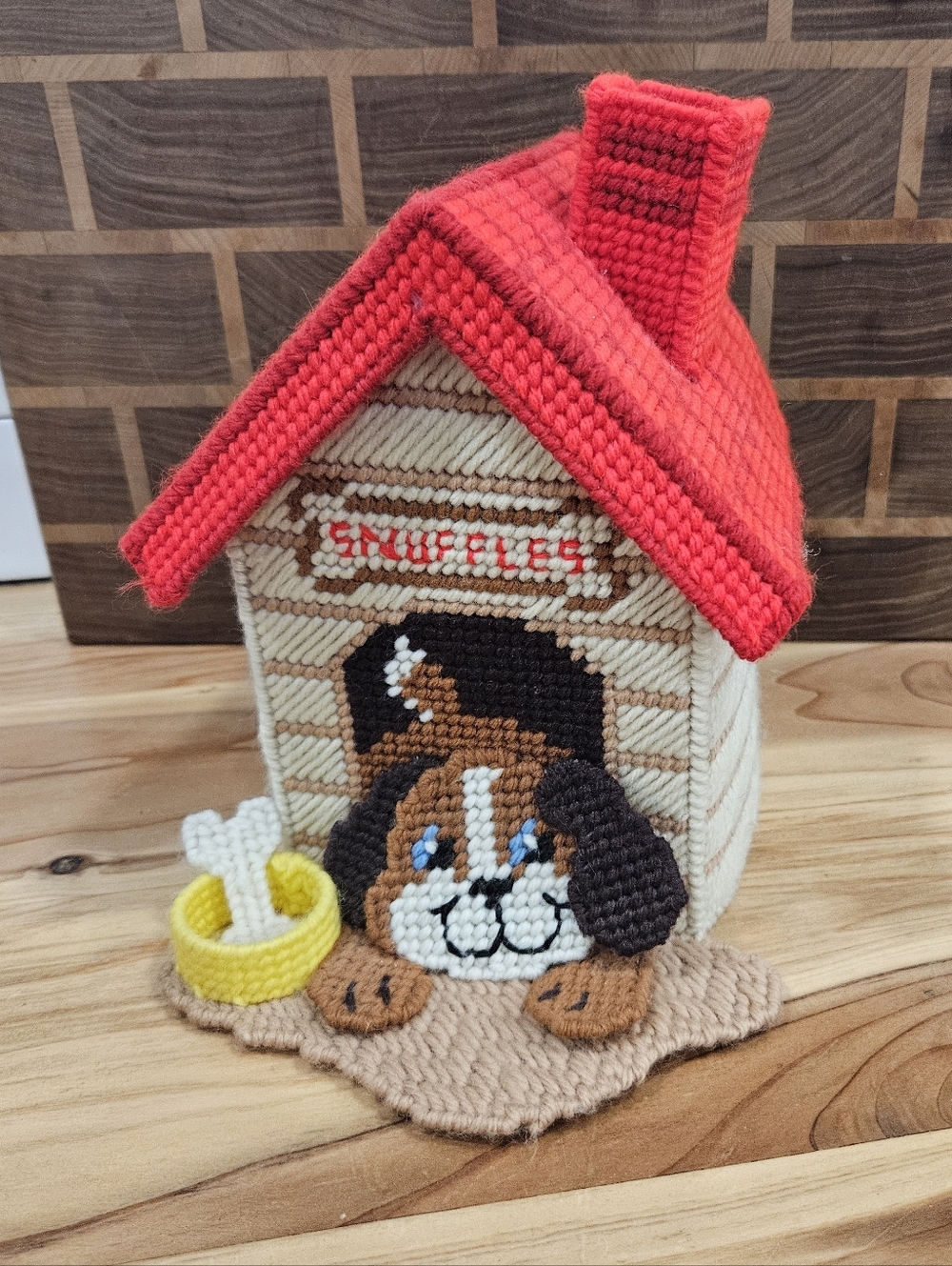 Vintage 3D Needlepoint Handmade Yarn Dog House Tissue Box Cover Kit